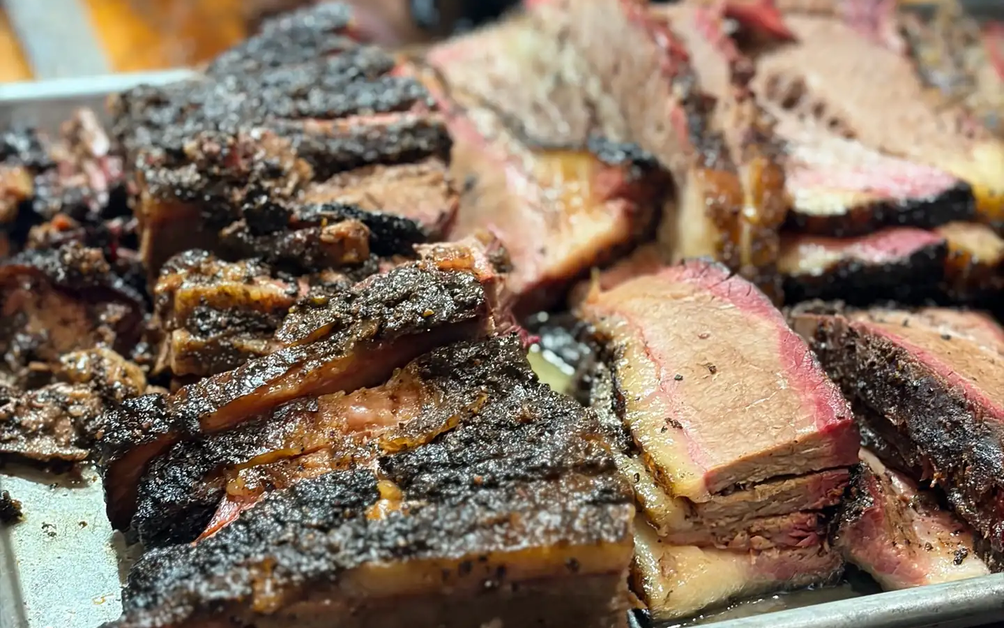 A tray of sliced Two Trails brisket