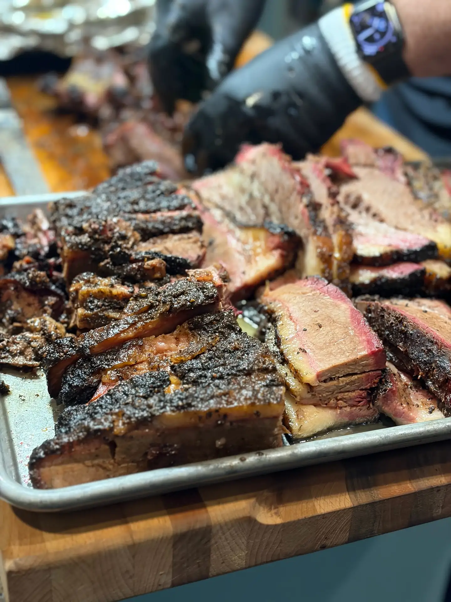 A tray of sliced Two Trails brisket